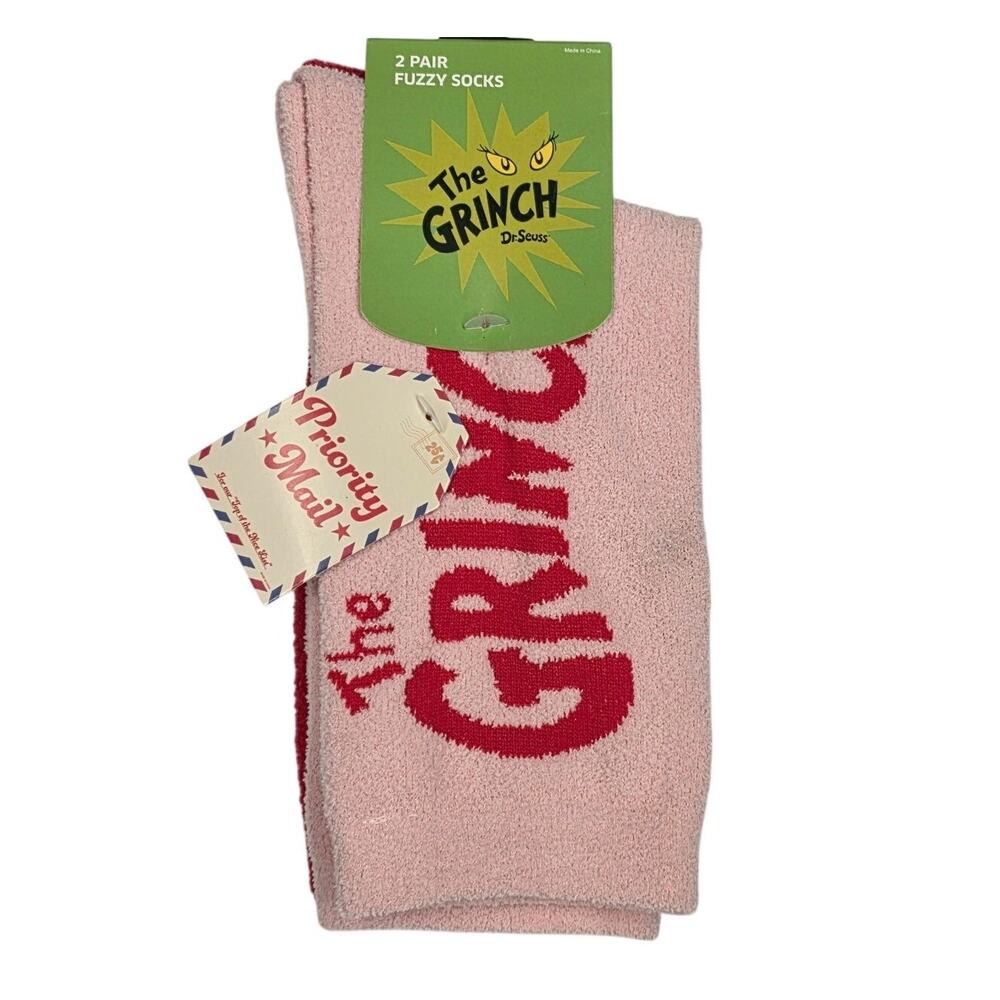 DR. SEUSS THE GRINCH 2‑PAIR FUZZY SOCKS – WOMEN’S 5–10 – BIOWORLD – 2019